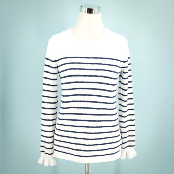 Lilly Pulitzer Size XS Calloway White Navy Blue Stripe Nautical Ruffle Sweater - Picture 1 of 8